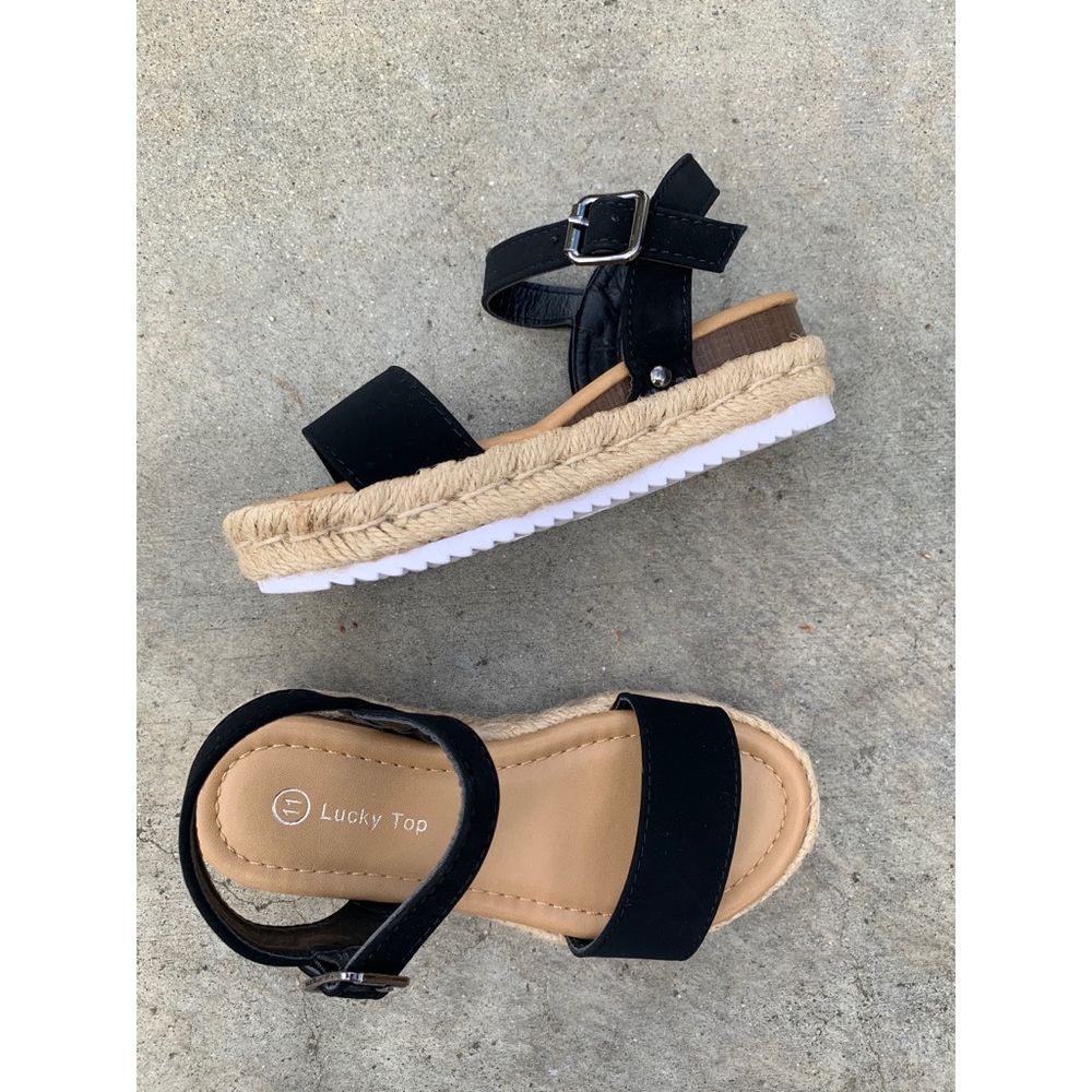 Kids Black Buckle Espadrille Low Platform Sandals